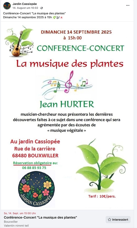 Veranstaltung LA MUSIQUE DES PLANTES - Sonntag, 14.September 2025 um 15:00 in F-68480 Bouxwiller
